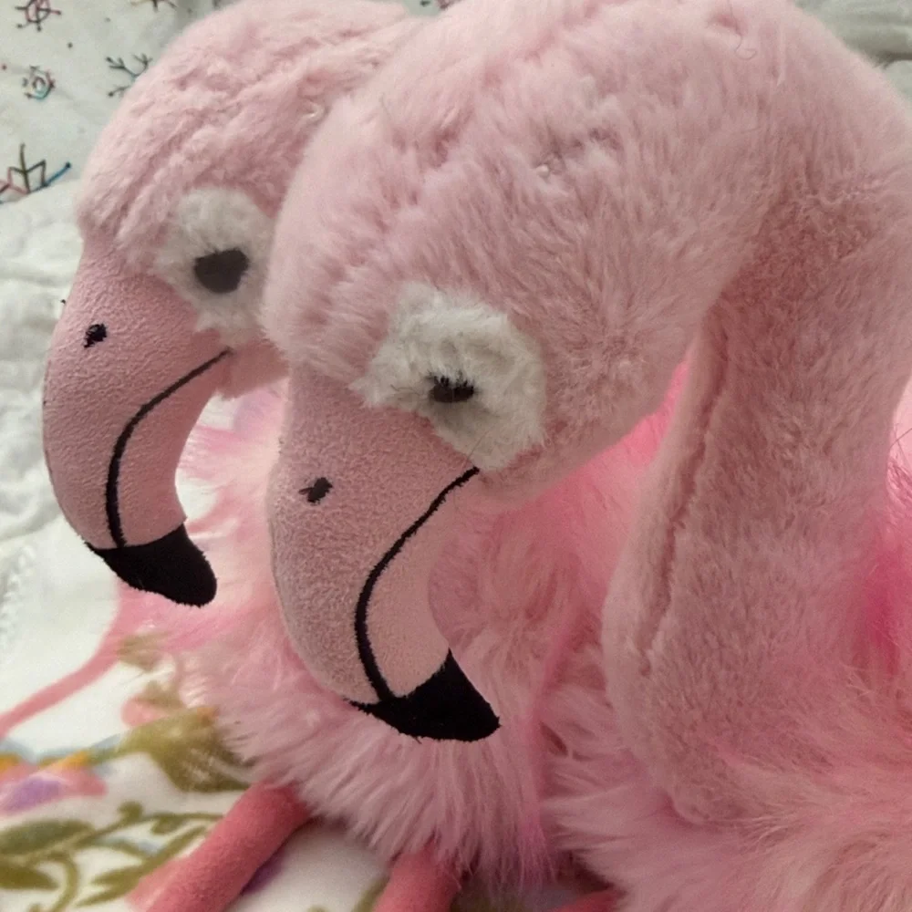 Plush Pair of Pink Flamingos with Fluffy Pom Tails Twins! 17” Tall - Picture 2 of 6
